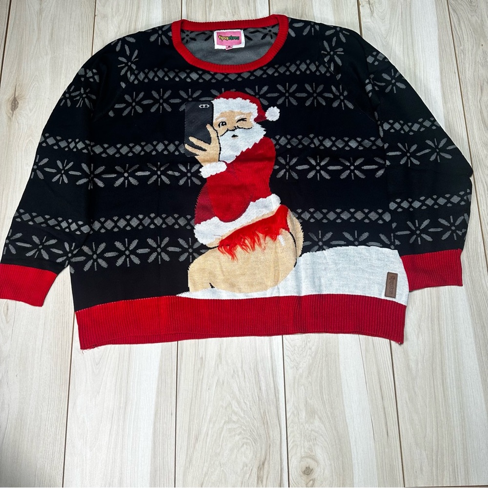 Tipsy Elves Women’s Selfie Santa with  Red‎ Fur Thong Sweater Size 3 Xl